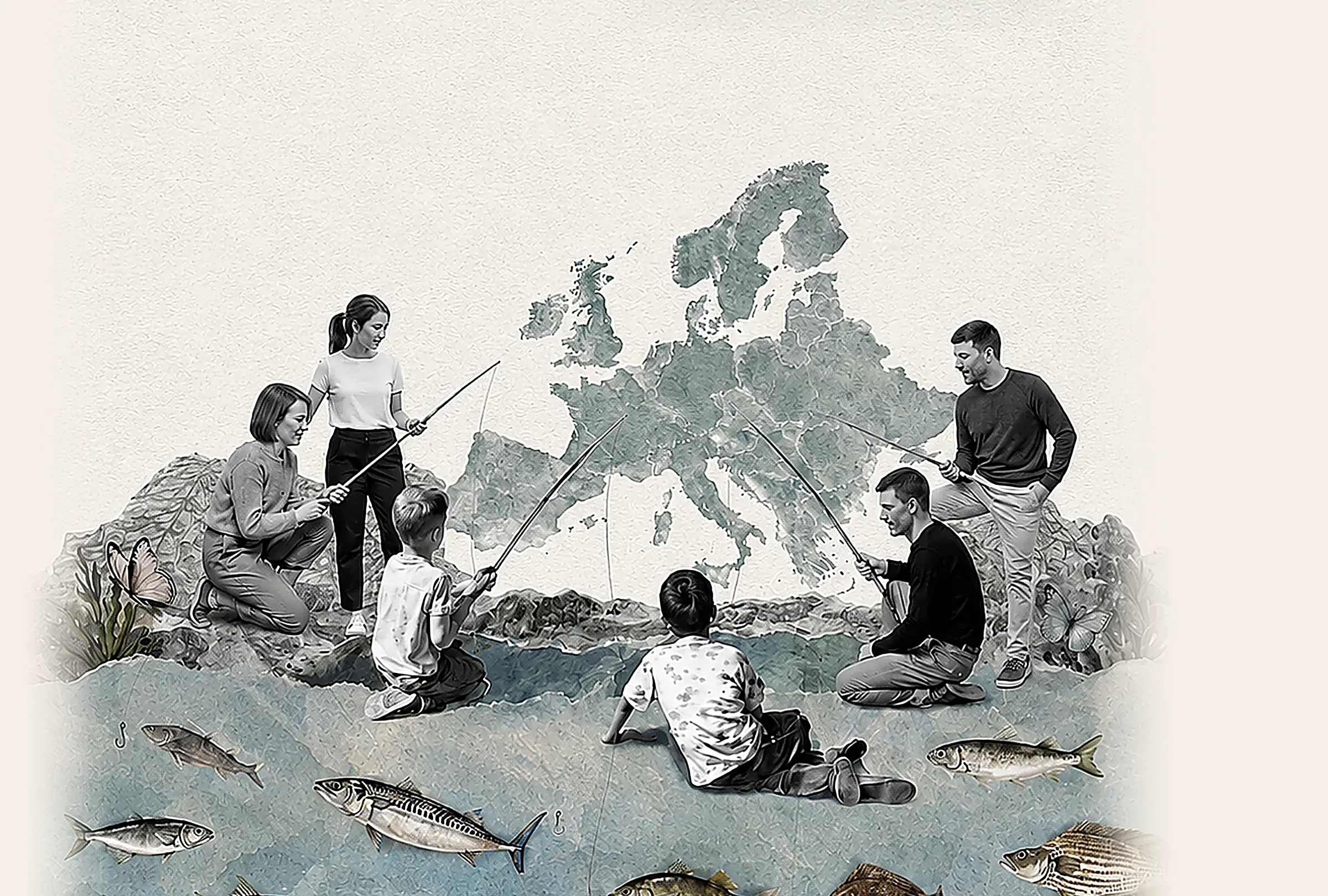 Ilustrație colaj: oameni pescuind deasupra hărții Europei — pescari de oameni